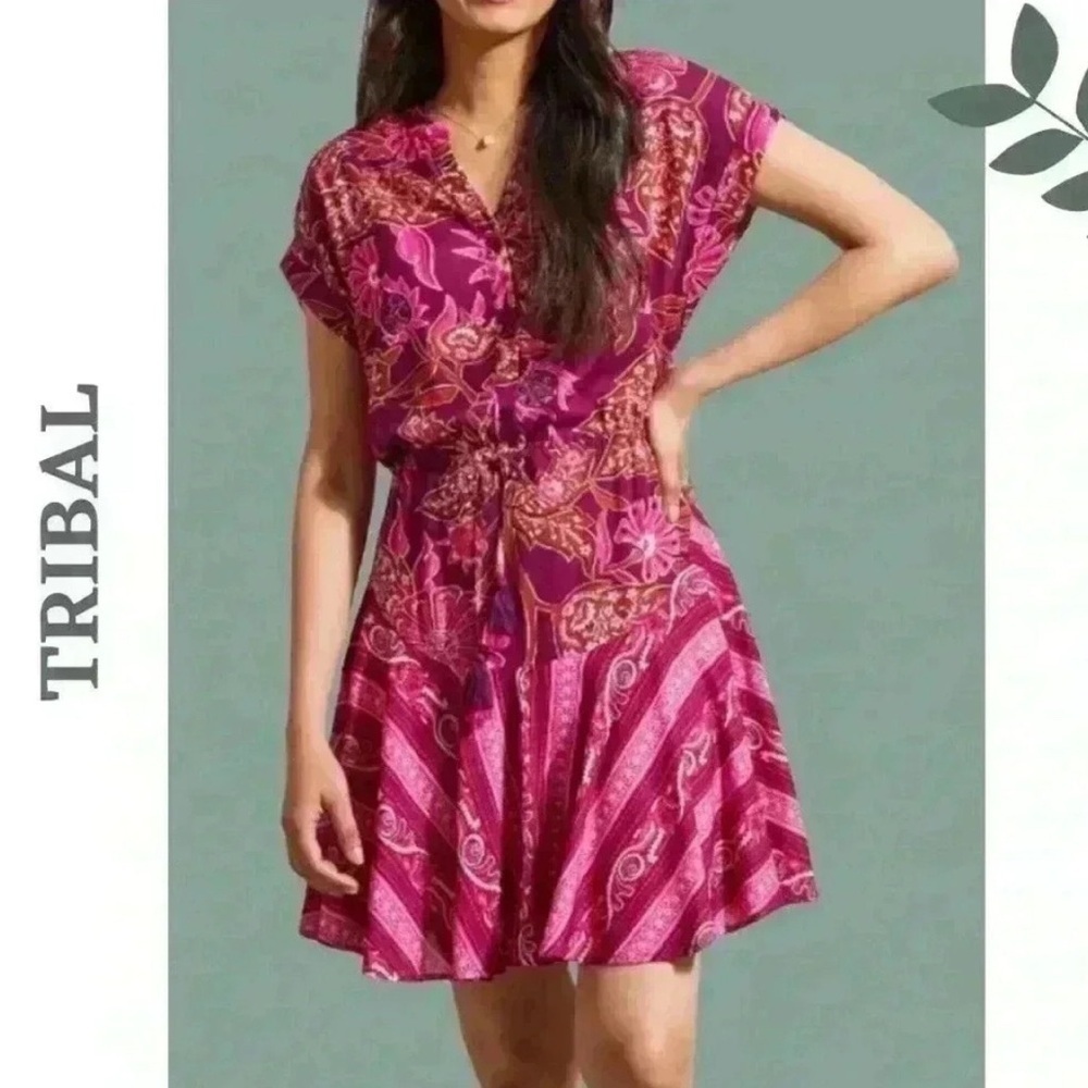 Tribal Daiquiri Combo Print Dress Fuschia Rayon Tie Waist